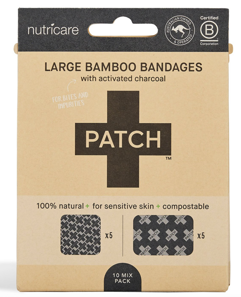 PATCH Activated Charcoal Bamboo Bandages - Large Square and Rectangles - 10 pack