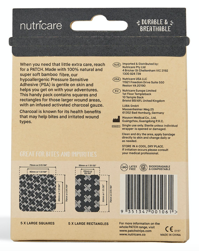 PATCH Activated Charcoal Bamboo Bandages - Large Square and Rectangles - 10 pack
